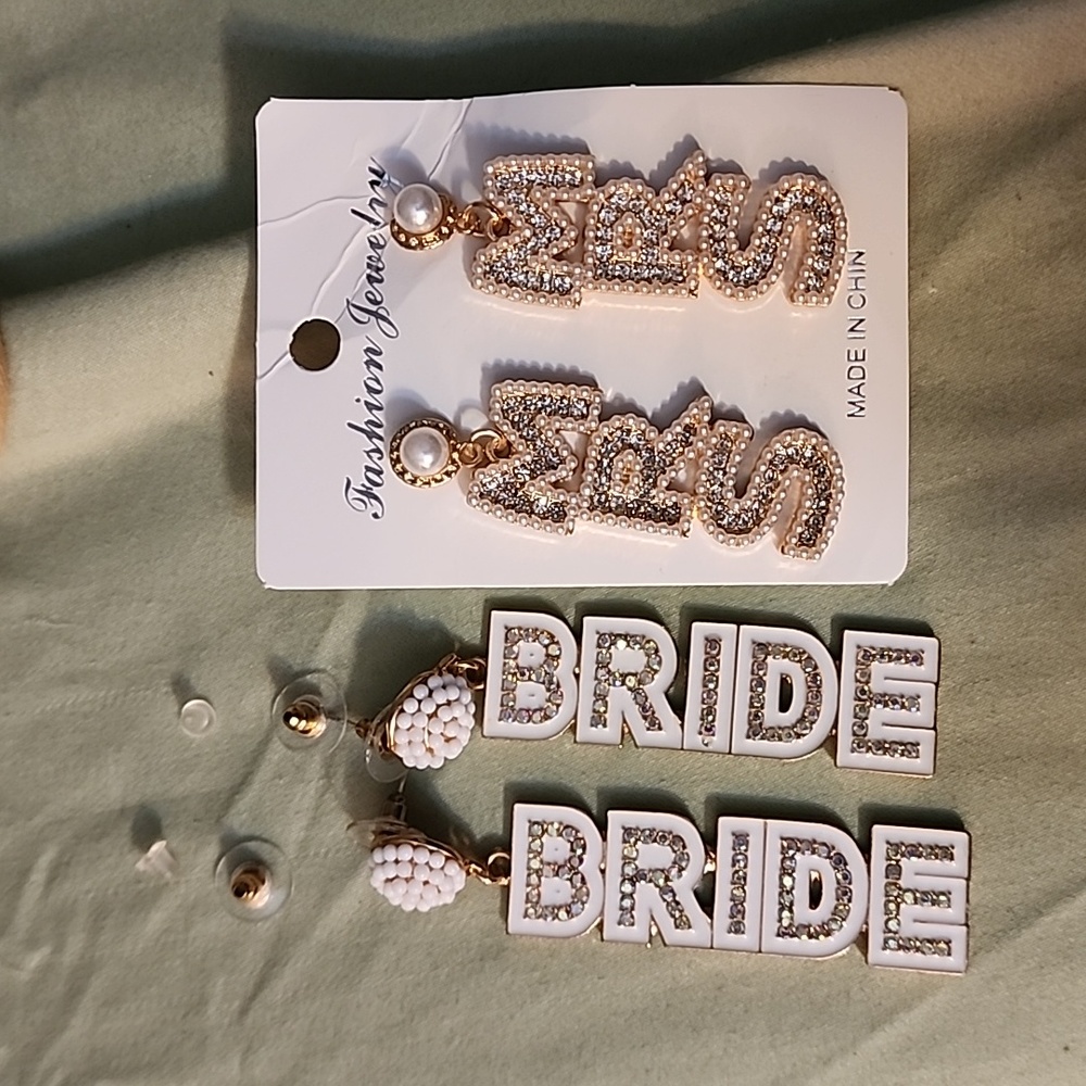 Two pairs of bride, MRS, earrings for wedding, bachelorette, bridal, party etc